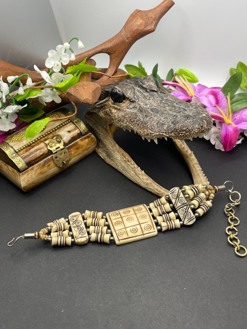 Carved bone adjustable bracelet vintage